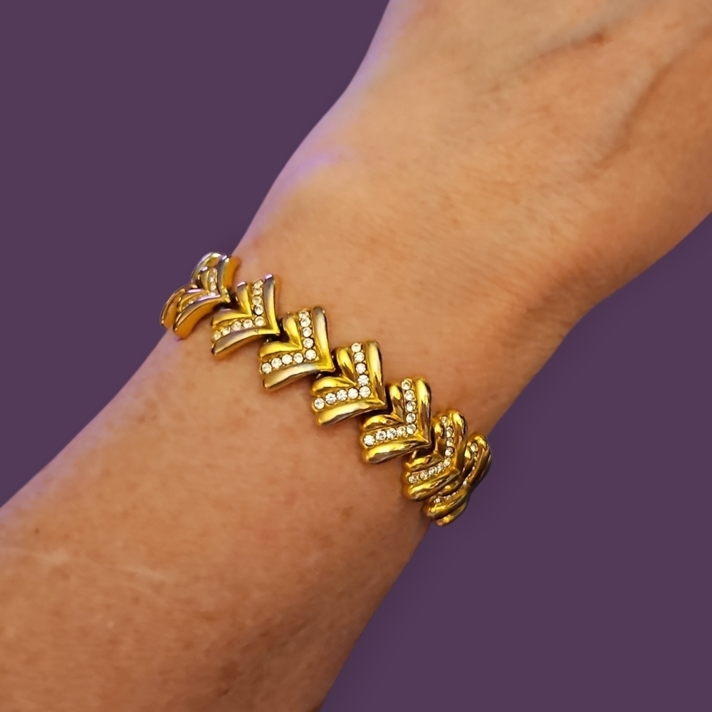 Vintage Goldtone Crystal Chevron Formal Bridal Bracelet